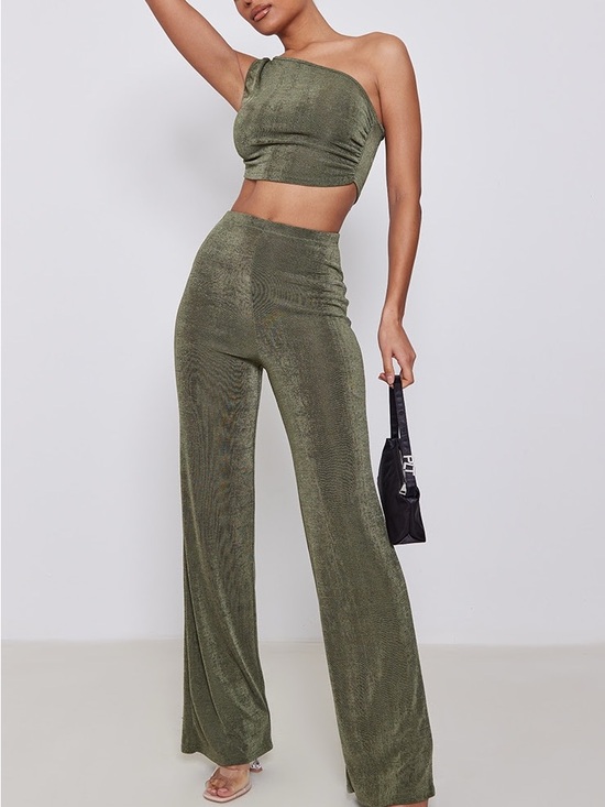 PrettyLittleThing Pants - PrettyLittleThing Olive Green One-Shoulder Wide Leg Co-ord